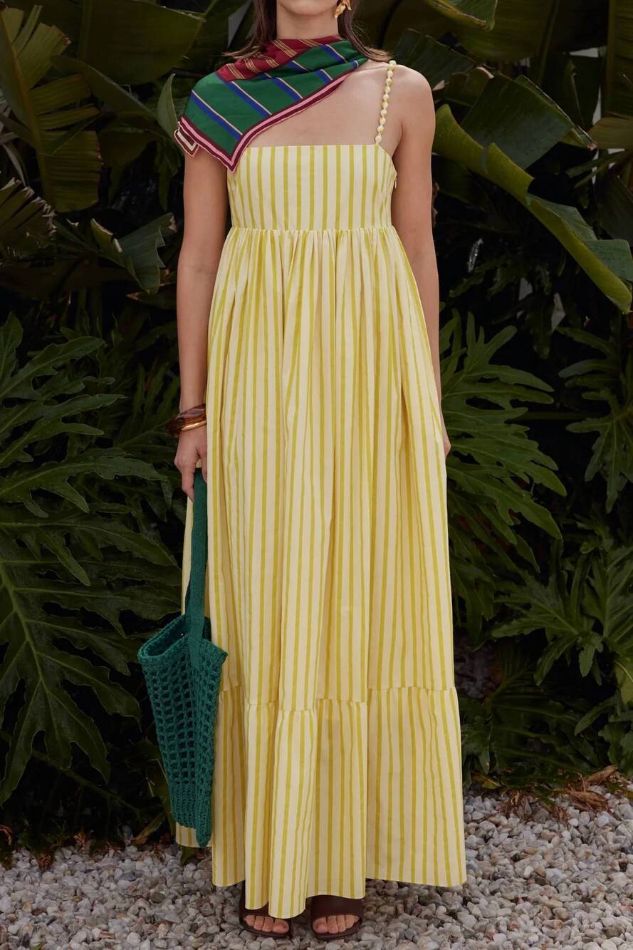 NEW ENGLISH FACTORY beaded strap striped maxi dress in yellow stripe
